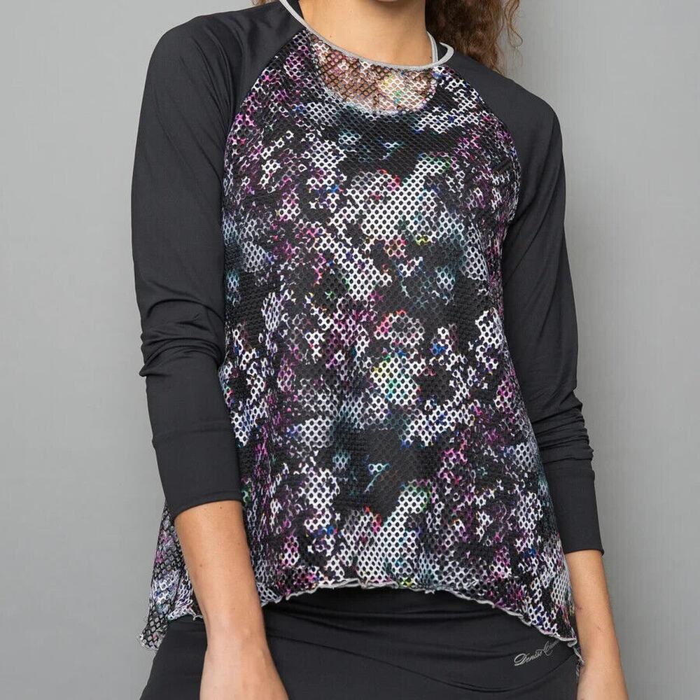 Denise Cronwall Activewear Long Sleeve Mesh Sheer Top Black Multi-Color Floral M